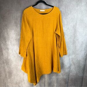 Bryn Walker Linen 3/4 Sleeve Lagenlook Asymmetrical Tunic In Yellow Size M